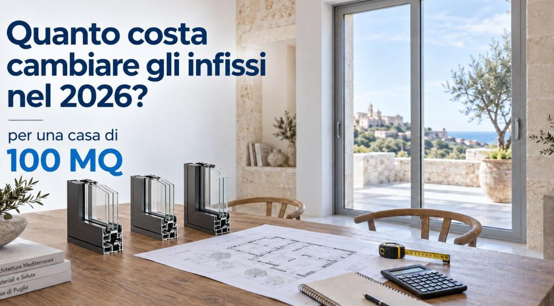 Quanto costa cambiare gli infissi nel 2026? Fasce di prezzo per PVC, alluminio e legno, costi per una casa di 100 mq, bonus e voci da confrontare.